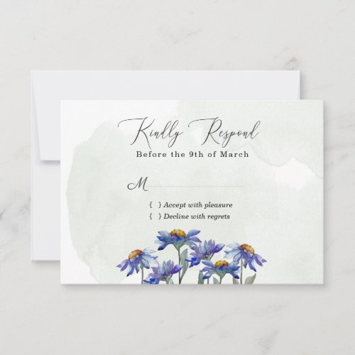 Watercolor Purple Daisy Sage Green Rustic Wedding RSVP Card