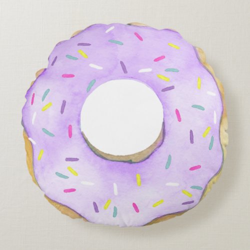 Watercolor Purple Donut Sprinkles Cute Doughnut Round Pillow