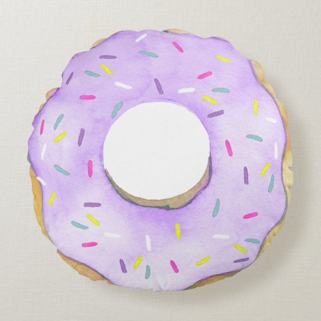 Watercolor Purple Donut Sprinkles Cute Doughnut Round Pillow (Front)