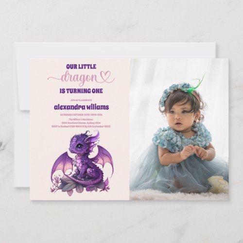 Watercolor Purple Dragon 1st Birthday Photo Invitation