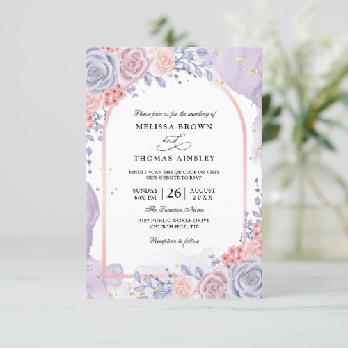 Watercolor Purple Elegant Budget Qr Code Wedding Invitation