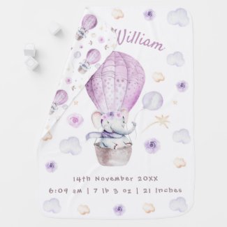 Watercolor Purple Elephant Air Balloon Birth Stat 
