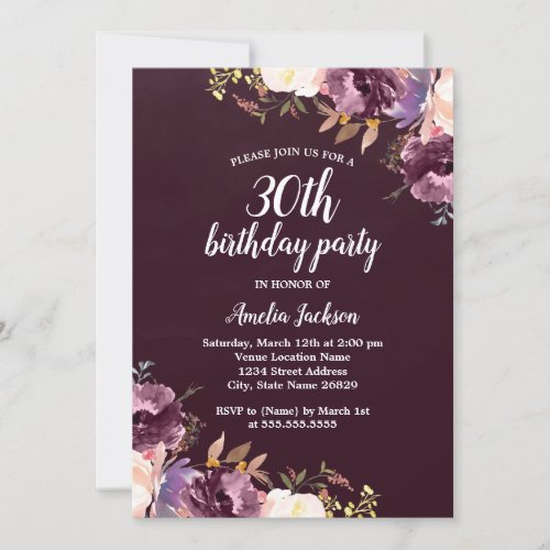 Watercolor Purple Floral 30th Birthday Party Invitation