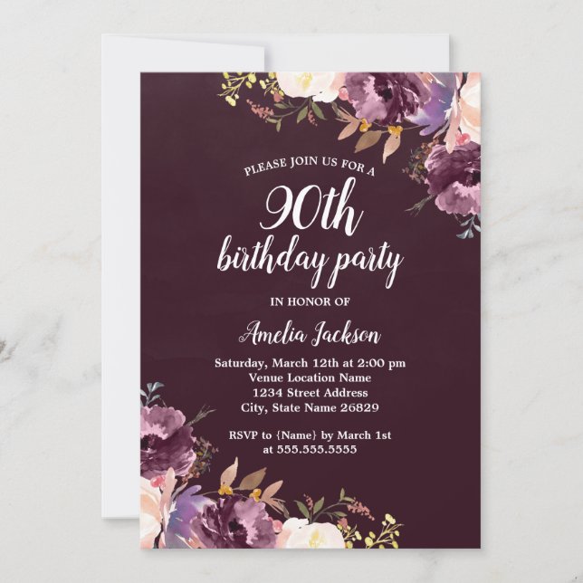 Watercolor Purple Floral 90th Birthday Party Invitation (Front)