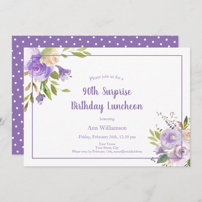 Watercolor Purple Floral 90th Surprise Birthday Invitation (Front/Back)