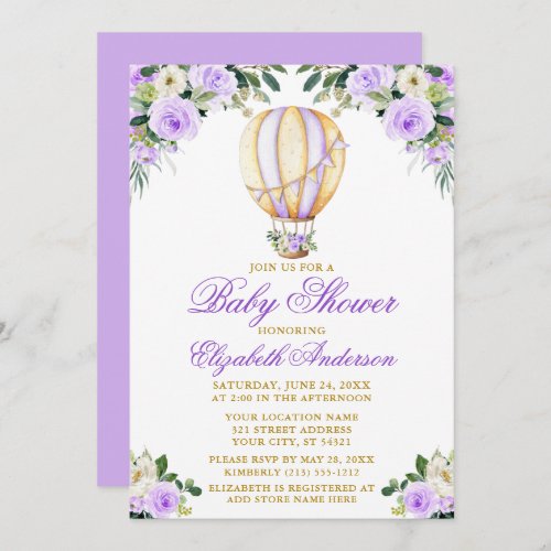 Watercolor Purple Floral Air Balloon Baby Shower Invitation