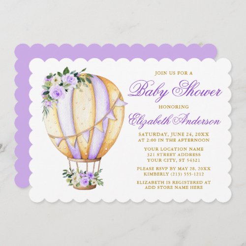 Watercolor Purple Floral Baby Shower Air Balloon Invitation