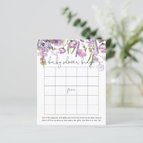 Watercolor Purple Floral Baby Shower Bingo Game