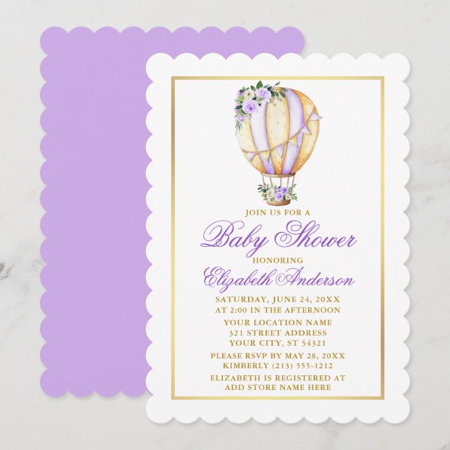 Watercolor Purple Floral Balloon Baby Shower Gold Invitation (Front/Back)