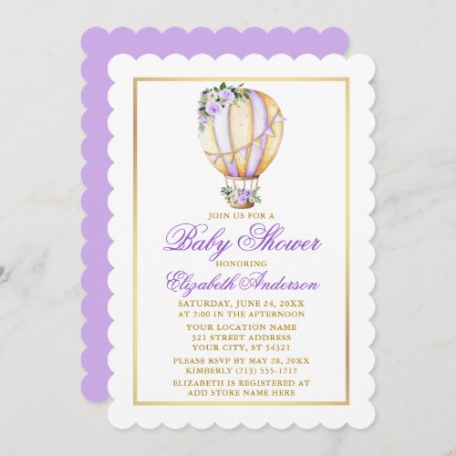 Watercolor Purple Floral Balloon Baby Shower Gold Invitation