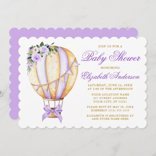 Watercolor Purple Floral Balloon Bow Baby Shower Invitation