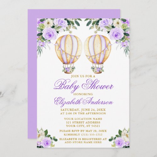 Watercolor Purple Floral Balloons Twin Baby Shower Invitation