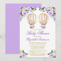 Watercolor Purple Floral Balloons Twin Baby Shower Invitation