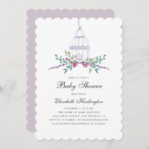 Watercolor purple floral birdcage baby shower invitation