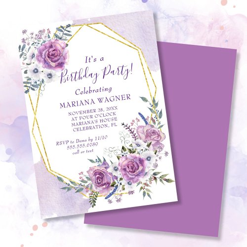 Watercolor Purple Floral Birthday Party Invitation