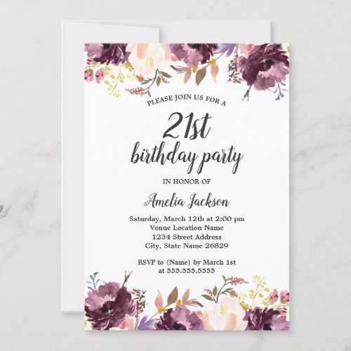Watercolor Purple Floral Bloom 21st Birthday Party Invitation