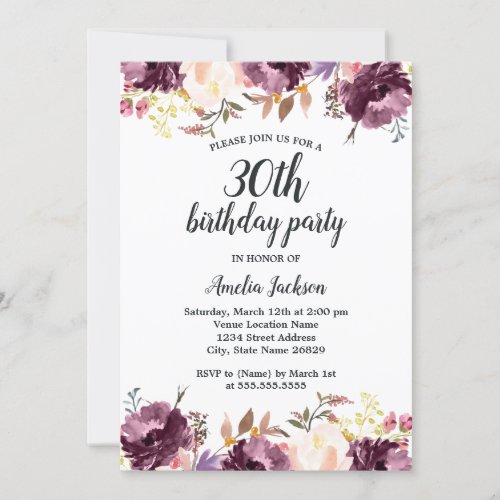 Watercolor Purple Floral Bloom 30th Birthday Party Invitation