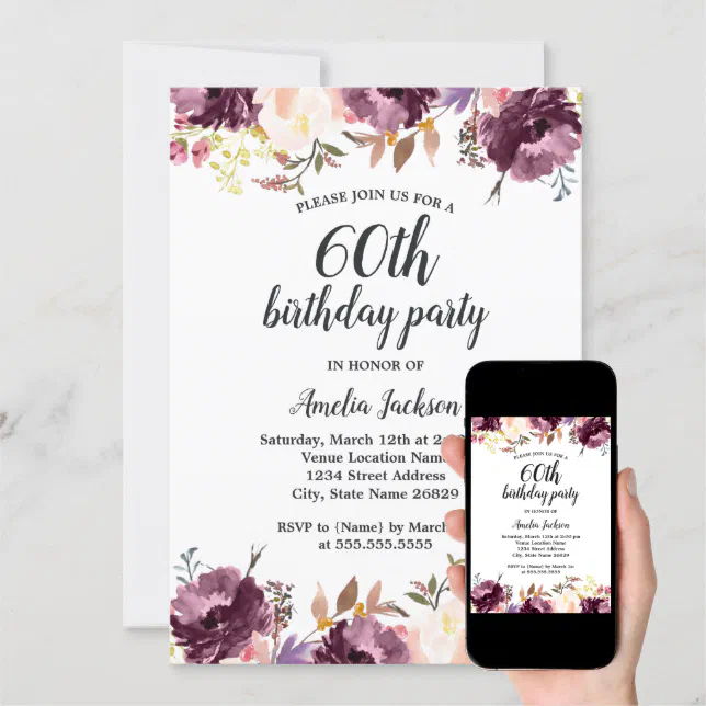 Watercolor Purple Floral Bloom 60th Birthday Party Invitation Zazzle