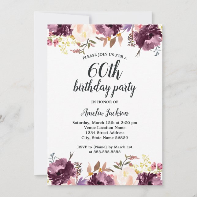 Watercolor Purple Floral Bloom 60th Birthday Party Invitation (Front)