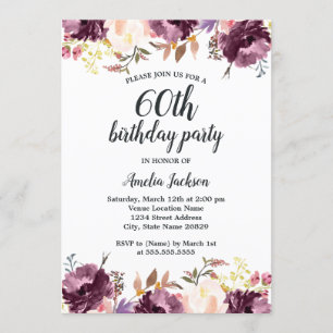 Watercolor Purple Floral Bloom 60th Birthday Party Invitation