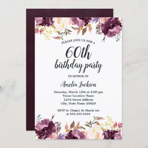 Watercolor Purple Floral Bloom 60th Birthday Party Invitation Zazzle