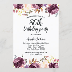 Watercolor Purple Floral Bloom 80th Birthday Party Invitation