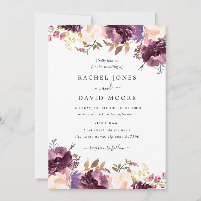 Watercolor Purple Floral Bloom Wedding Invitation (Front)