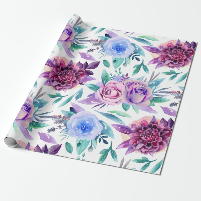 Watercolor purple floral. Boho flowers pattern Wrapping Paper (Unrolled)