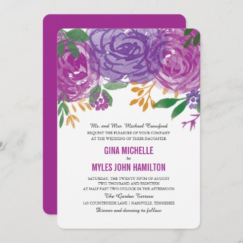 Watercolor Purple Floral Botanical Wedding Invitation