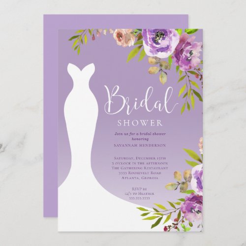 Watercolor Purple Floral Bridal Gown Shower Invitation