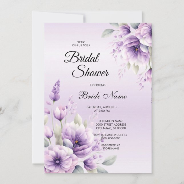 Watercolor Purple Floral Bridal Shower Invitation (Front)