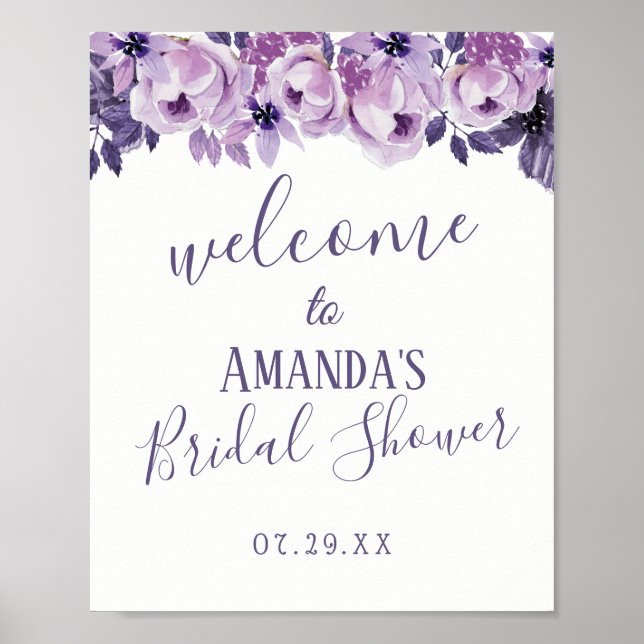 Watercolor Purple Floral Bridal Shower Welcome Poster (Front)