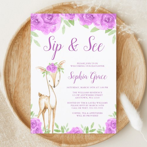 Watercolor Purple Floral Deer Girl Sip and See Invitation
