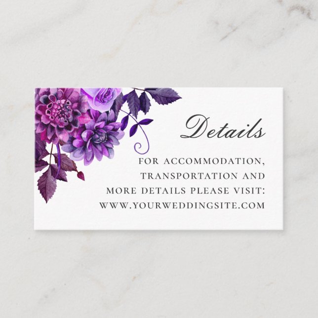 Watercolor purple floral elegant wedding details enclosure card (Front)