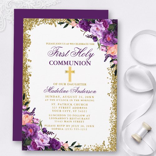 Watercolor Purple Floral First Communion Glitter Invitation