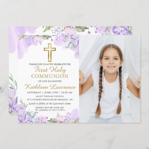 Watercolor Purple Floral First Communion Photo Invitation