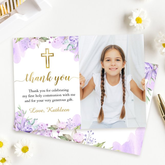 Watercolor Purple Floral First Communion Photo Thank You Card (Creator Uploaded)