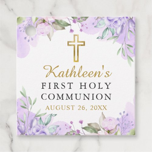 Watercolor Purple Floral First Communion Thank You Favor Tags