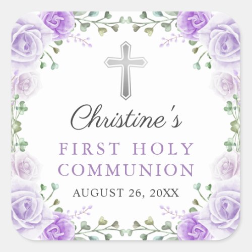 Watercolor Purple Floral First Holy Communion Square Sticker