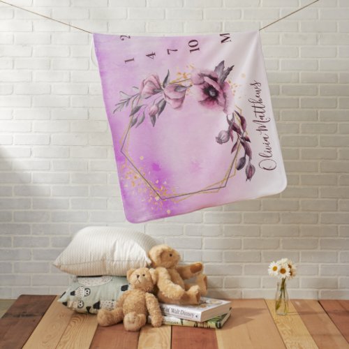 Watercolor Purple Floral Geometric Month Milestone Baby Blanket