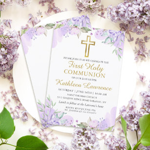 Watercolor Purple Floral Girl First Holy Communion Invitation