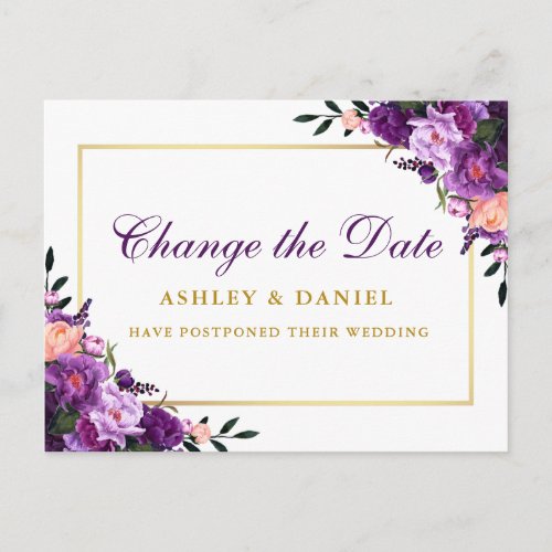 Watercolor Purple Floral Gold Change The Date Postcard