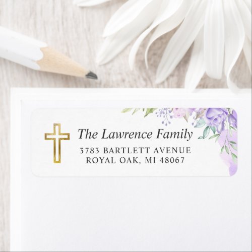 Watercolor Purple Floral Gold Cross Return Address Label