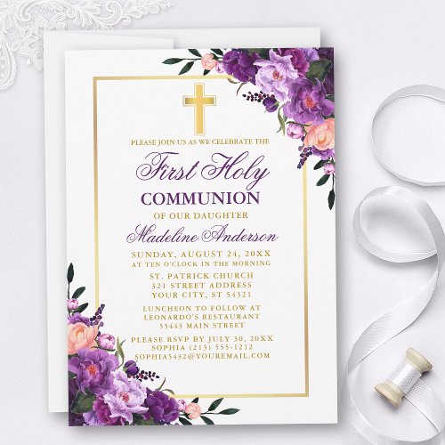Watercolor Purple Floral Gold First Communion Invitation