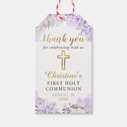 Watercolor Purple Floral Gold First Holy Communion Gift Tags