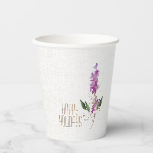 Watercolor Purple Floral Gold Glitter Holiday Chic Paper Cups
