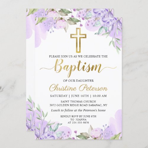 Watercolor Purple Floral Gold Script Girl Baptism Invitation
