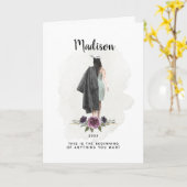 Watercolor Purple Floral Graduation Brunette Girl Card (Yellow Flower)