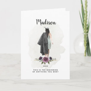 Watercolor Purple Floral Graduation Brunette Girl Card