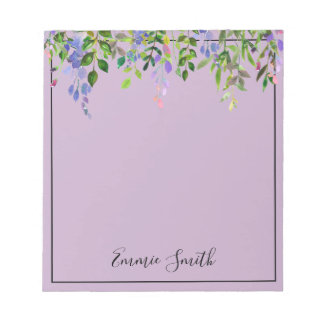 Watercolor Purple Floral Green Leaves Personalized Notepad
